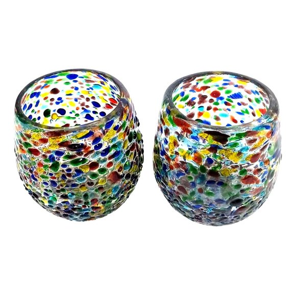 2 Fused Recycled Art Glass Rainbow Confetti Votive Tealight or Candle Holders - Picture 3 of 8